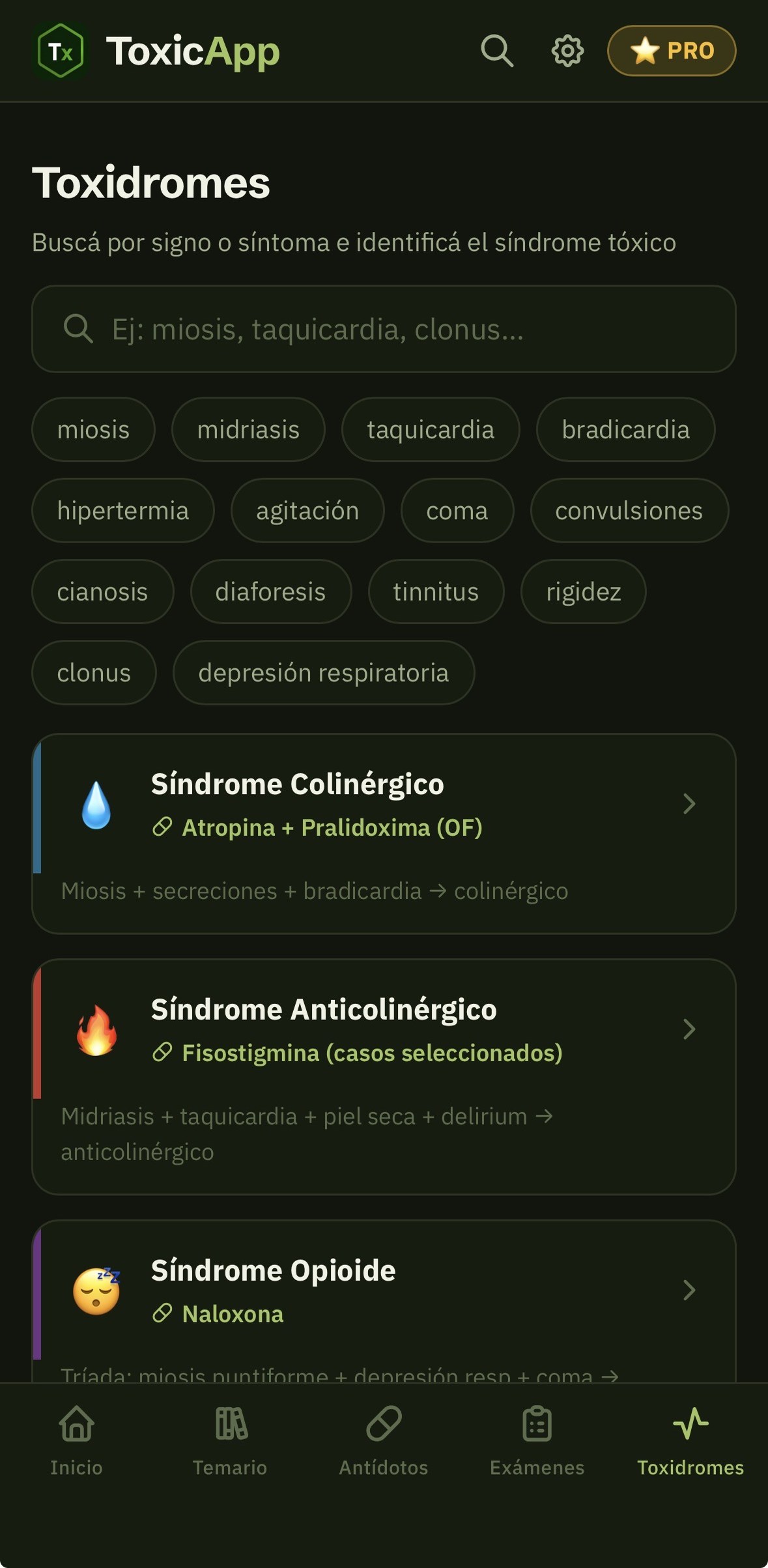 Toxíndromes en ToxicApp